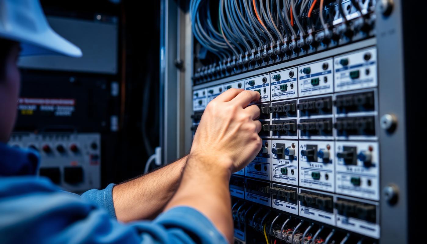 Técnico instalando quadro elétrico industrial